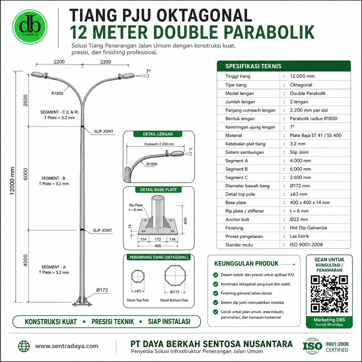 tiang pju octagonal h 12m double parabole:material, dan standar mutu tiang pju octagonal h 12m double parabole:material, dan standar mutu