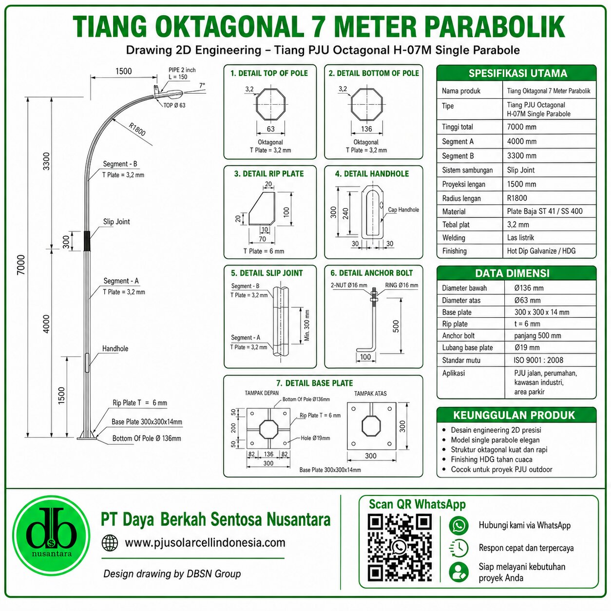 tiang pju oktagonal h 07m single parabole – spesifikasi teknis tiang pju oktagonal h 07m single parabole – spesifikasi teknis
