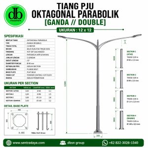 tiang pju octagonal h 12m double parabole:material, dan standar mutu