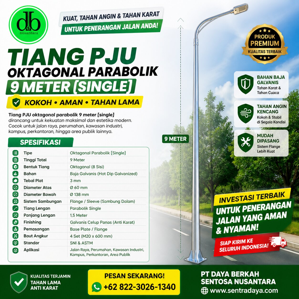 tiang pju octagonal h 09m single parabole tiang pju octagonal h 09m single parabole