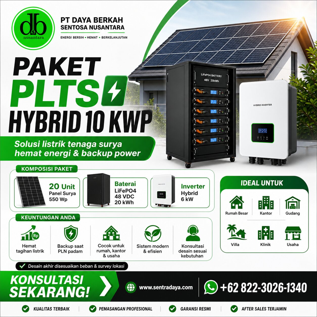 paket plts hybrid 10 kwp: solusi listrik tenaga surya dengan baterai 20 kwh dan inverter hybrid 6 kw paket plts hybrid 10 kwp: solusi listrik tenaga surya dengan baterai 20 kwh dan inverter hybrid 6 kw