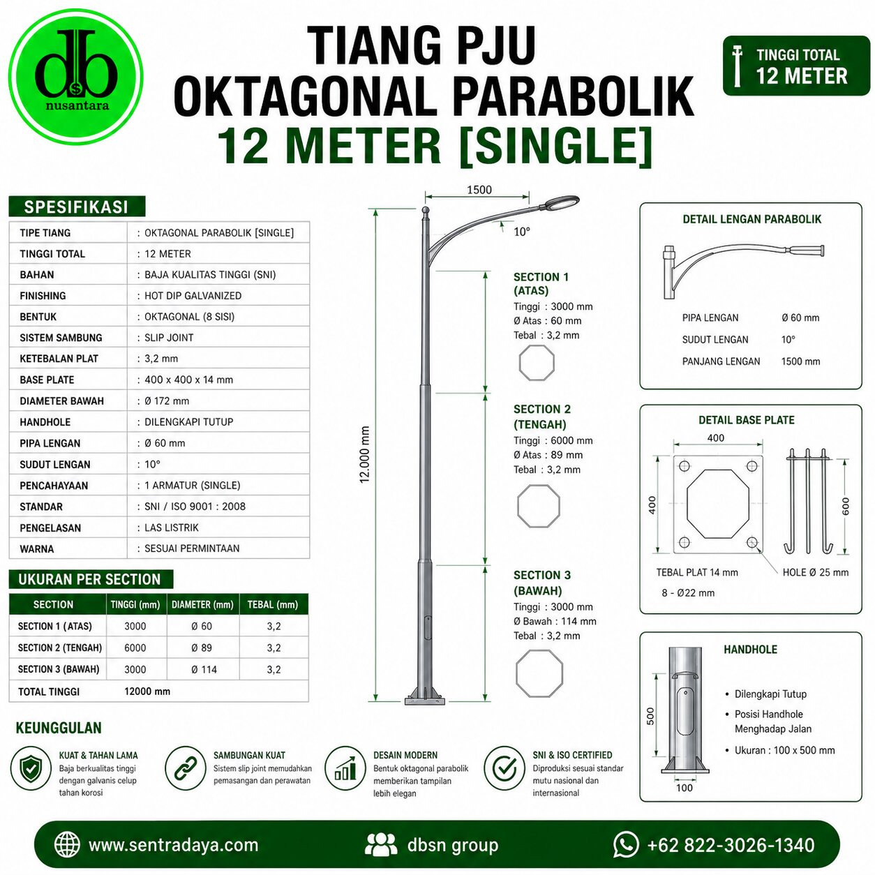 tiang pju oktagonal parabolik 12 meter untuk proyek jalan & kawasan industri tiang pju oktagonal parabolik 12 meter untuk proyek jalan & kawasan industri