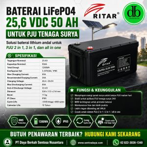 baterai lithium lifepo4 25,6 vdc 50 ah untuk aplikasi pju tenaga surya