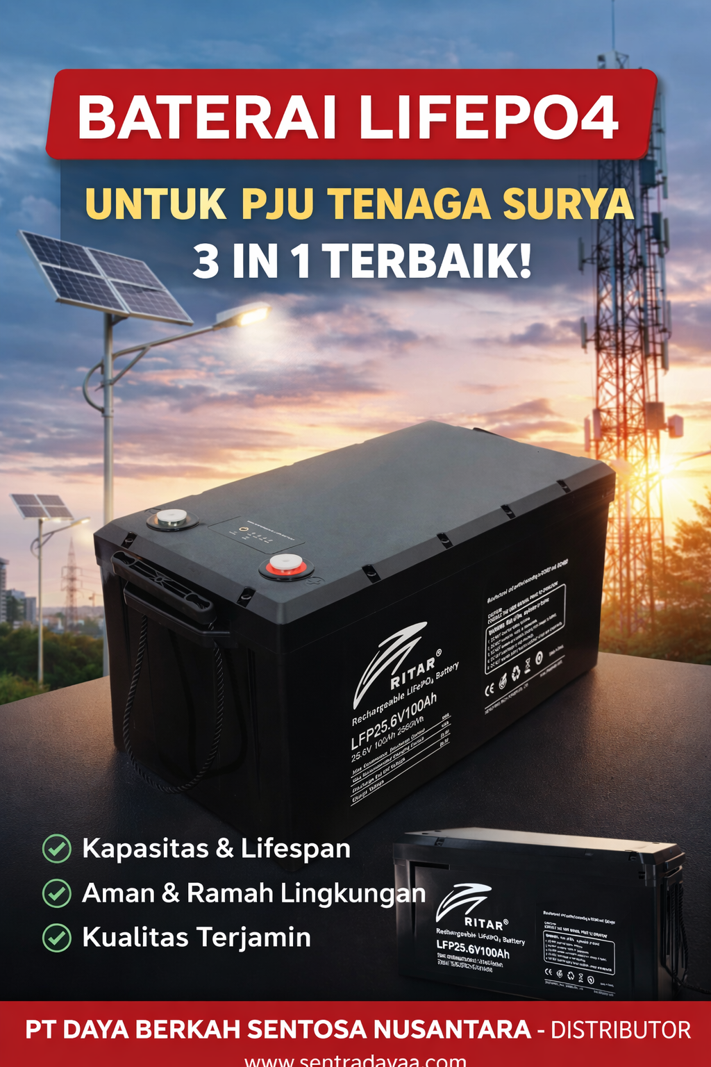 baterai lithium lifepo4 25,6 vdc 50 ah untuk aplikasi pju tenaga surya